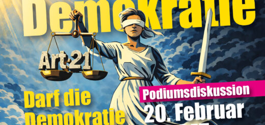 Justizia hält in der Linken Seite ihre Waage in der Art. 21GG liegt und in der linken Hand ihr Schwert um den Rechtstaat zu verteidigen