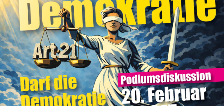 Justizia hält in der Linken Seite ihre Waage in der Art. 21GG liegt und in der linken Hand ihr Schwert um den Rechtstaat zu verteidigen